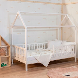 Montessori Çatılı Çocuk Yatağı 90 X 190 Ahşap Beyaz