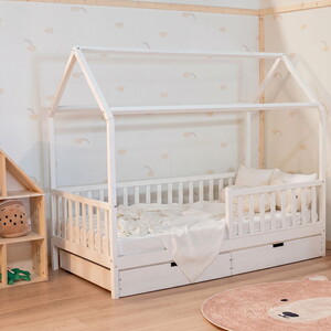 Montessori Çatılı Çekmeceli Çocuk Yatağı 90 X 190 Ahşap Beyaz