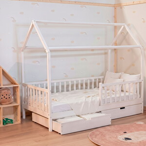  Montessori Çatılı Çekmeceli Çocuk Yatağı 90 X 190 Ahşap Beyaz