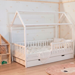 Montessori Çatılı Yavru Yataklı Çocuk Yatağı 90 X 190 Ahşap Beyaz