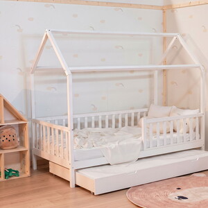  Montessori Çatılı Yavru Yataklı Çocuk Yatağı 90 X 190 Ahşap Beyaz
